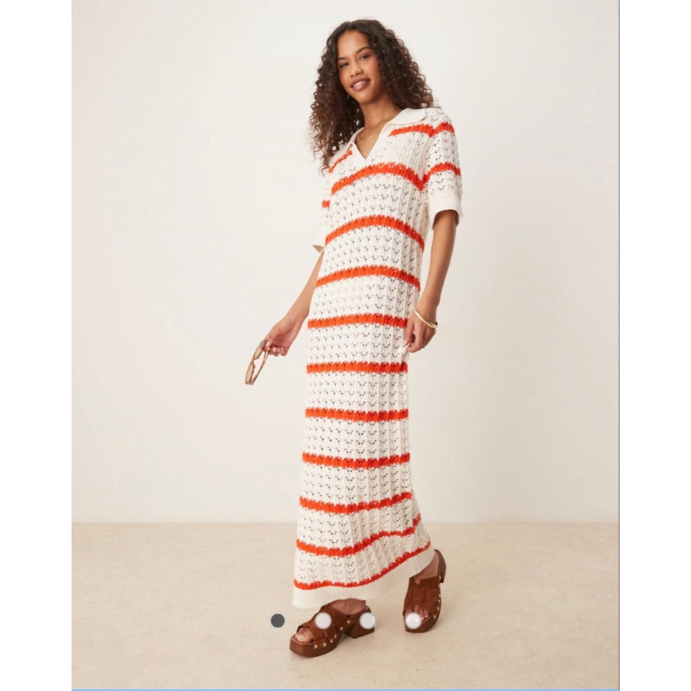 YAS Open Knit Crochet Striped Collar Maxi Dress S Boho Festival Beach
